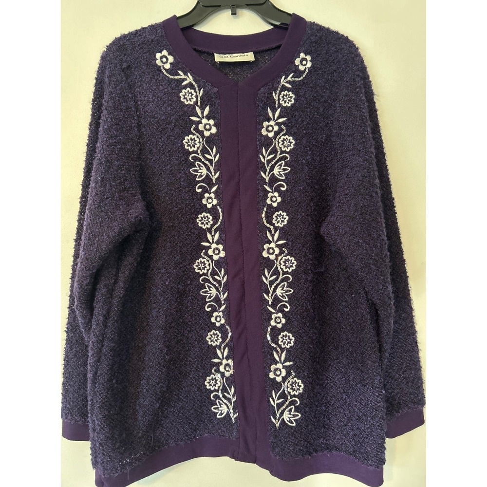 C.D. Daniels Embroidered‎ Floral Cardigan Sweater Purple Boucle Knit pullover 2x